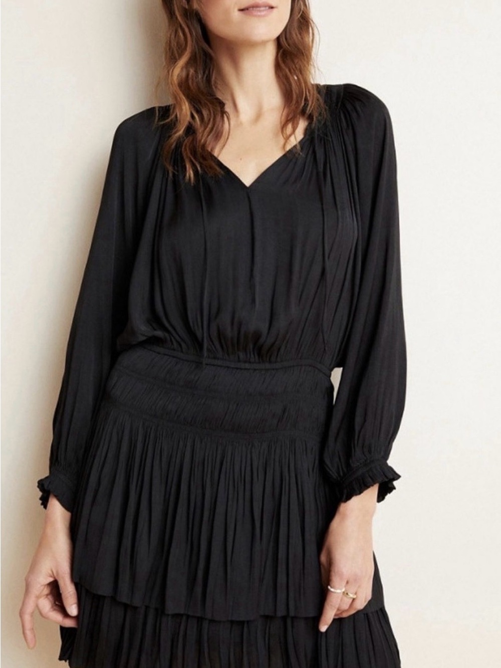 Current Air Ruffled Mini Dress in Metallica, with long sleeves and tiered skirt.